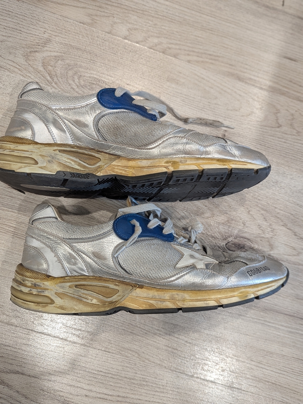 Golden Goose Dad-Star Sneakers EU 45 Metallic Silver Blue Distressed